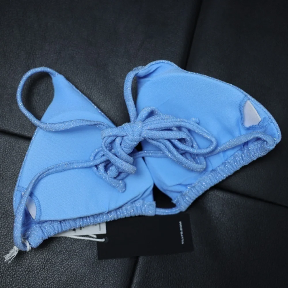 New RSQ metallic blue sparkly shimmery lined triangle bikini festival top, Large